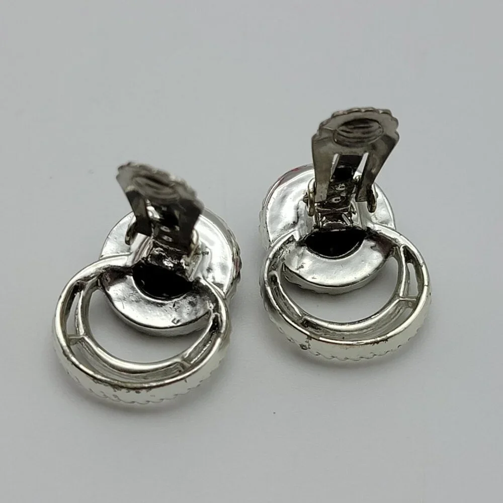 Vtg. Sarah Coventry Modernist Silver Tone Black Lucite Stud Earrings Clip On 1" - Picture 7 of 8